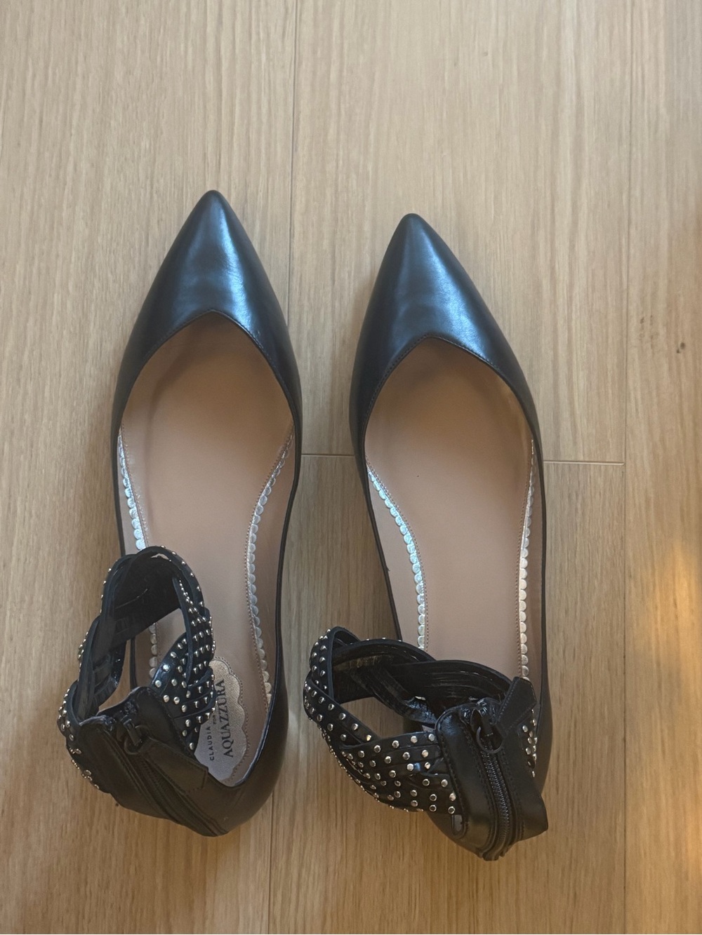 Aquazzura Studded Black Pointed Toe Women's Flats